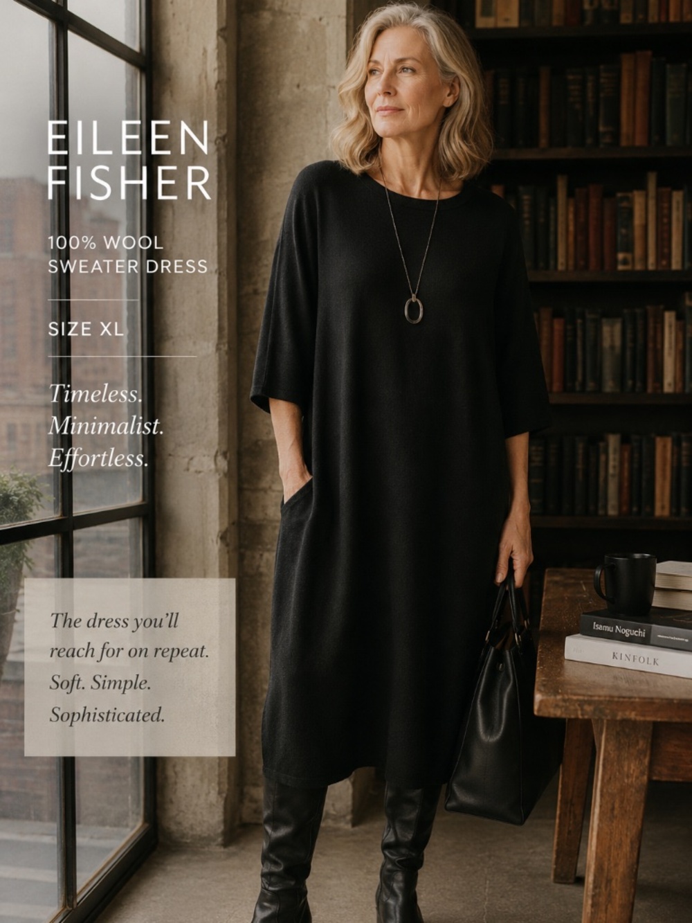 Eileen Fisher 100% Wool Minimalist Sweater Dress | XL | Quiet Luxury Essential